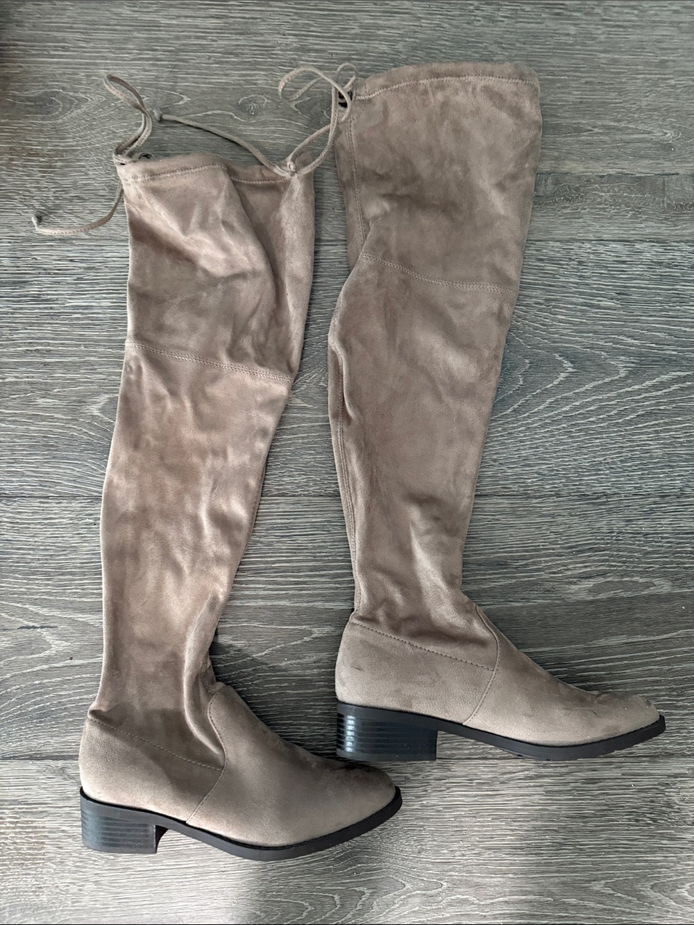 Unisa Taupe Over-the-Knee Suede Boots with Back Tie
